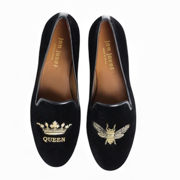 Jon Josef Gatsby Queen Bee Elegant Black Satin Loafers with Gold Stitch Academia - Picture 2 of 10